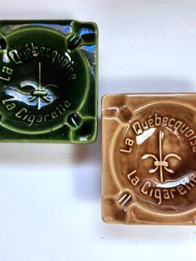 Vintage Beauce Québec La Québécoise Cigarette Ashtray Set Brown & Green 3.5"